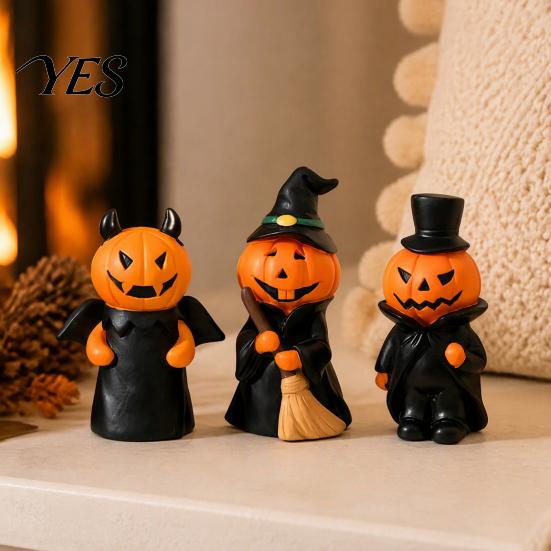 Compact Spooky Collectibles 3Pcs Halloween Pumpkin Ghost Figurine, Resin Tabletop Decor Whimsical Home Accents for Bookshelf And Tiered Tray,