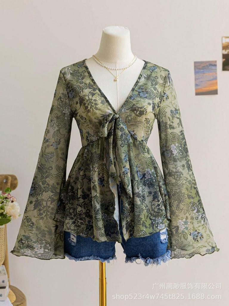 Brown Floral Print Deep V-Neck Long Sleeve Blouse with Bow and Ruffle Hem