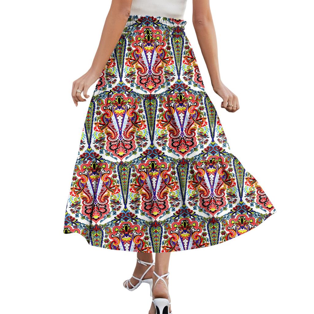 Dameskjørt Maxi Snøring Høyt liv Sommer Lange skjørt Lett Lagdelt Flytende Blomstret Plissert skjørt