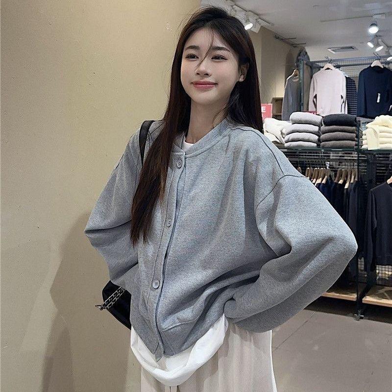 Women s Solid Color Long Sleeve Cardigan Sweatshirt - 2025 Spring/Autumn Loose Casual Top 2XL (126-150 jin)