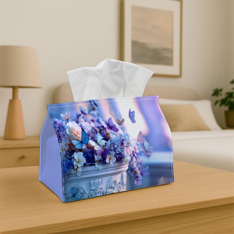 1pc Tissue Box Holder with Aesthetic Butterfly Vase Design-Blue Flower Bouquet Soft Pastel,Durable Polyester,Ideal for Kitchen,Living Room,Bedroom,Bat