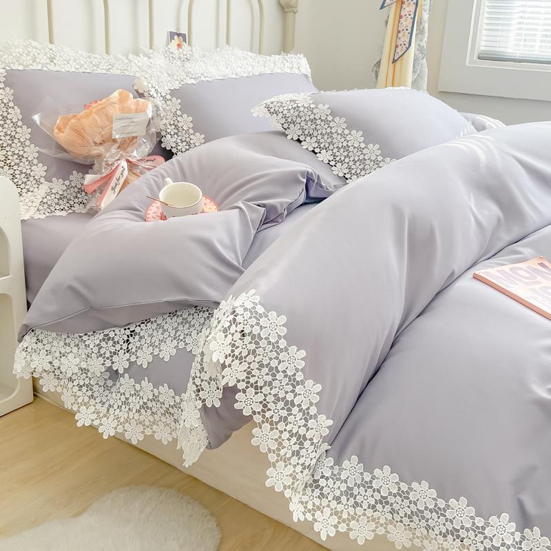 Solid Color Bedding Set with Lace Edge Princess Style Pink Bed Cover Set Queen/King Bed Sheet Sets for Girls Double Bedding Sets