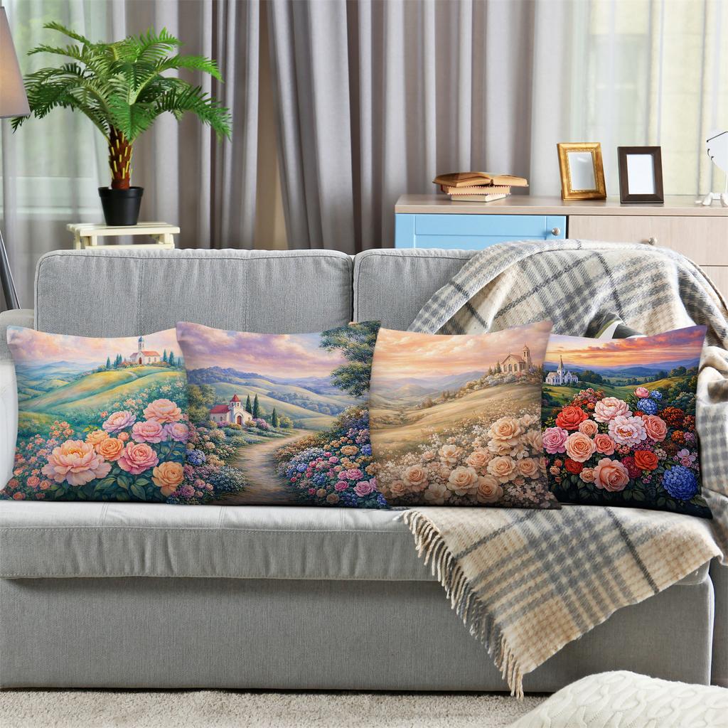 Rural Flower Sea Cottage Digital Printing Pillow Cover Short Plush Suitable Living Rooms Bedrooms Sofas Throw Cushion Cover