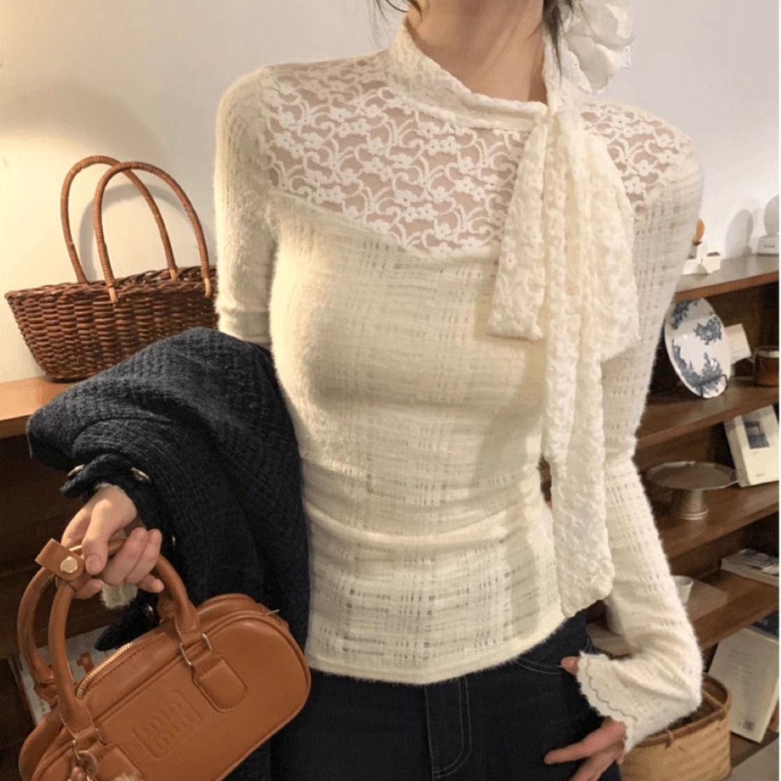 

Autumn 2026 Plus Size Women s Bow Lace Long Sleeve T-shirt - Pure Desire Collection L