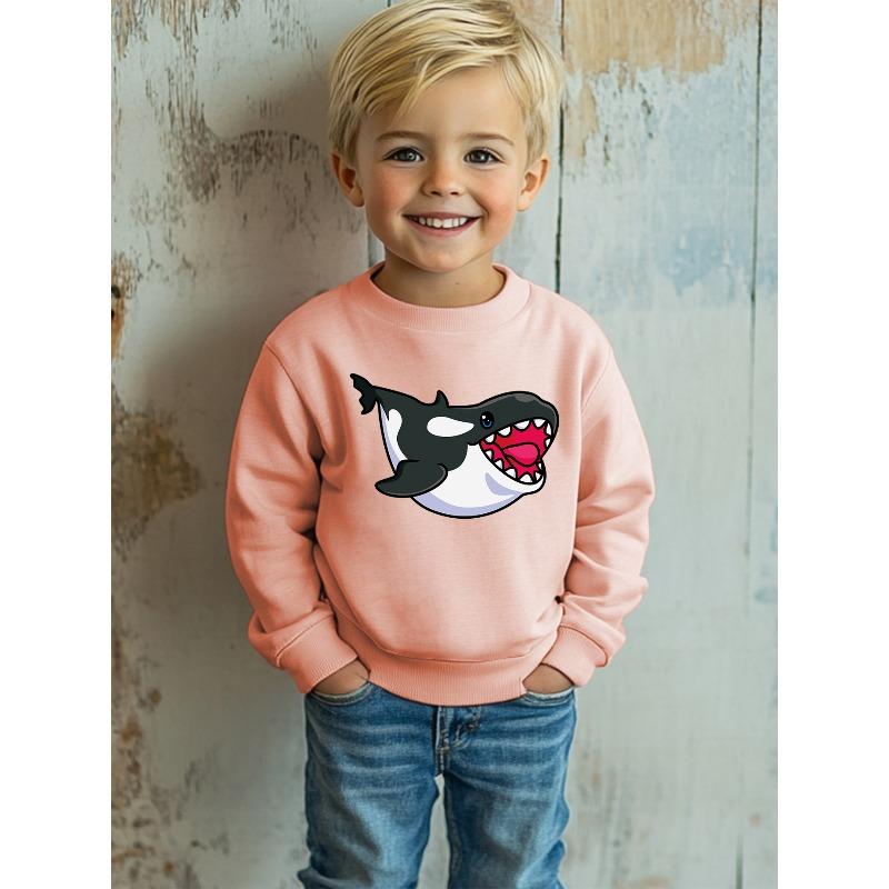 Kids Cartoon Shark Print Crew Neck Sweatshirt, Regular Fit Casual Sportswear, Spring/Fall Alphabet Applique Detail 110