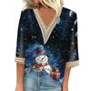 Women's Loose Casual Three-quarter Sleeve V-neck Lace Loose Christmas Print T-shirt Top
