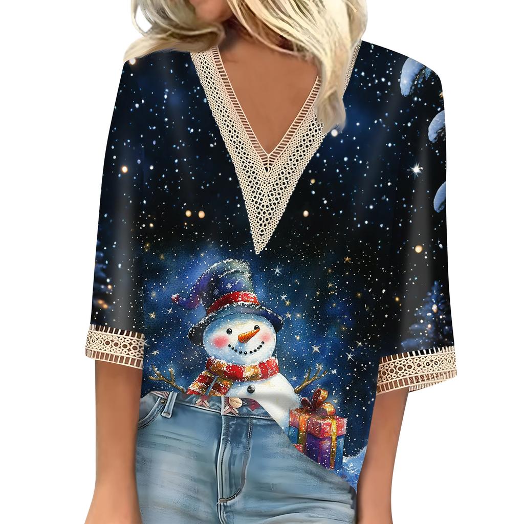 Women's Loose Casual Three-quarter Sleeve V-neck Lace Loose Christmas Print T-shirt Top