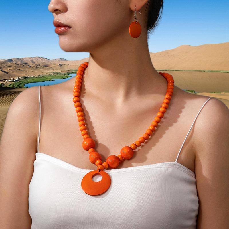 Trendiges handgefertigtes Holzperlen-Halsketten- und Ohrring-Schmuckset - Damen-Accessoires