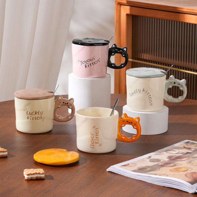 Simple Cat Cup for Girls Cute Creative Ceramic Cup Mug with Lid Office Internet Celebrity Water Cup Couple Cup