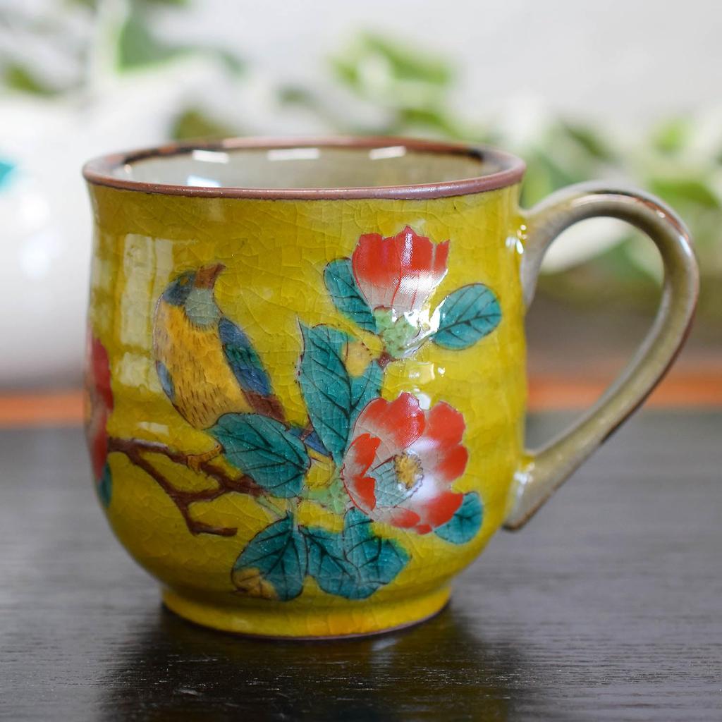 Waza no Kura Stylish Coffee Mug, Kutani Ware Mug Cup, Yoshidaya Camellia and Bird Design, Ceramic, High-End Brand Tableware, Made in Japan, Perfect Gi