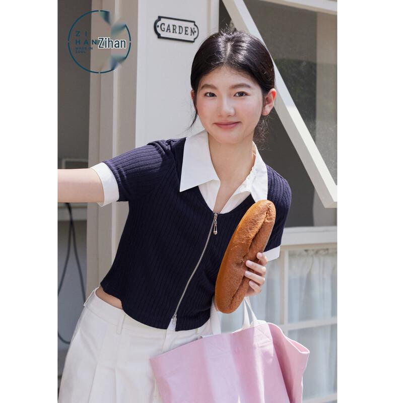 Zihan Women s Faux Two-Piece Short Sleeve Knit T-shirt L