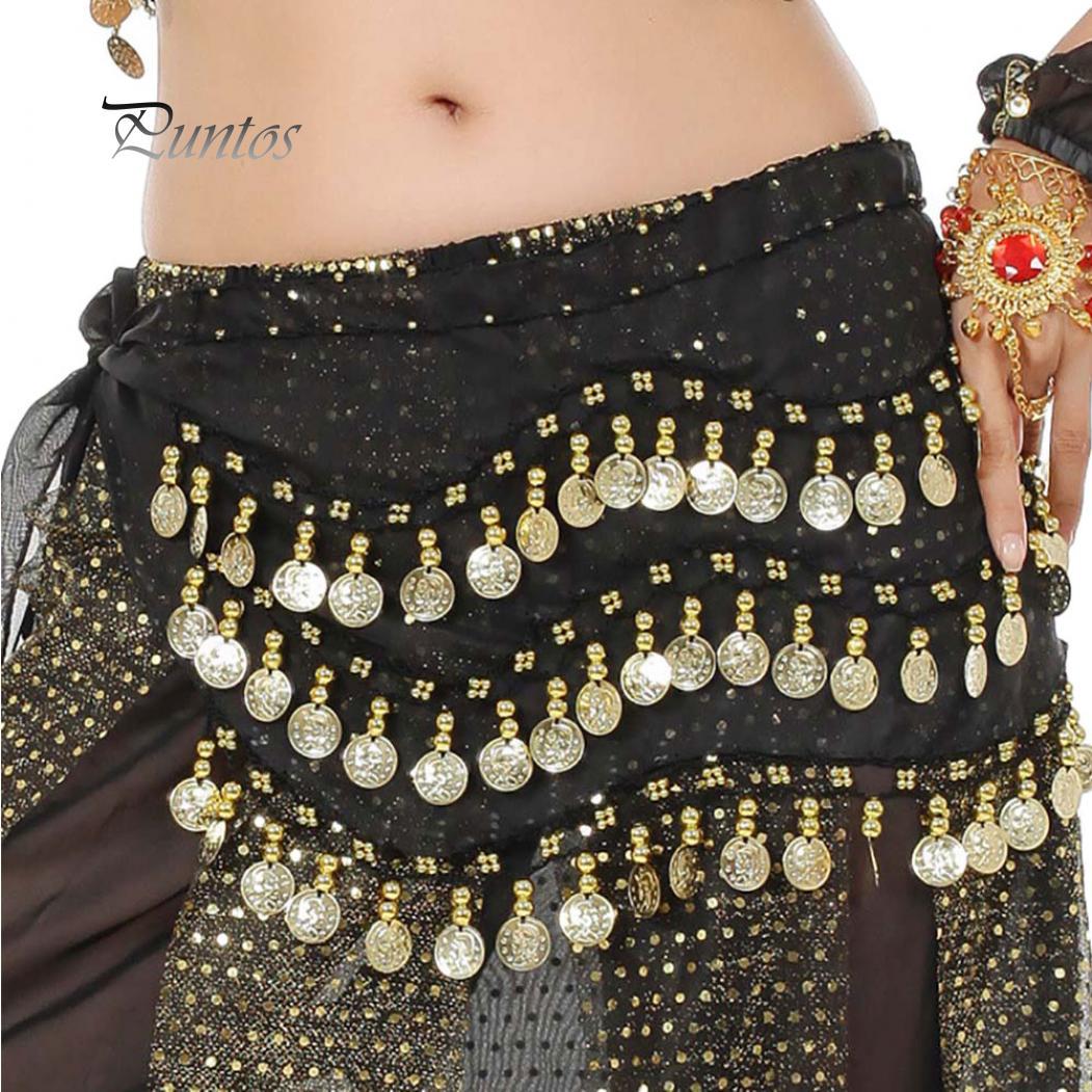 

Сексуальная женская женская 3-рядная 128 золотых монет для танца живота, хип-юбка, шарф с запахом на талии чёрный