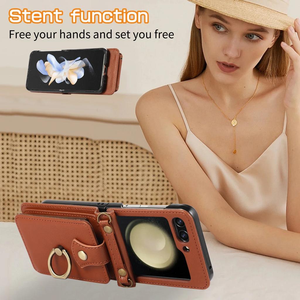 Crossbody Leather Cards Solt Wallet Bag Case For Samsung Galaxy Z Flip 7 6 5 4 5G Flip5 Finger Ring Holder Lanyard Pocket Cover