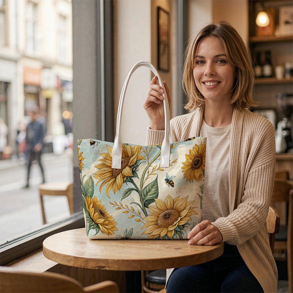 Sunflower Bee Print Tote Bag Fashion Casual Portable Daily Outdoor Women's Shoulder Bag
