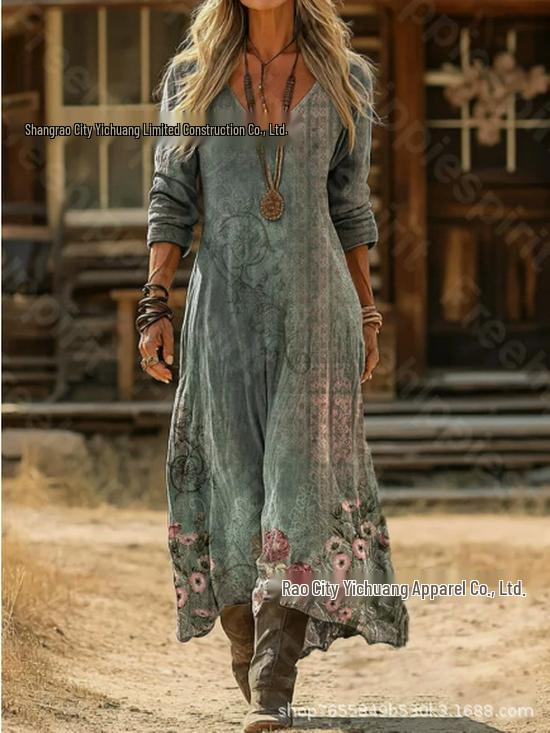2026 Spring Retro V-neck Long-sleeved Plus Size Dress