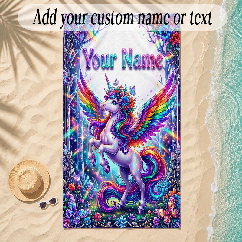 Unicorn Theme Soft Beach Towel Personalized Custom Name Text Towel Portable for Beach Pool Travel