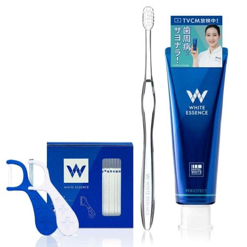 White Essence Starter Set: Whitening, Periodontal Disease, and Bad Breath Care, Includes Toothpaste, Toothbrush, and Dental Floss (Periotect Set)