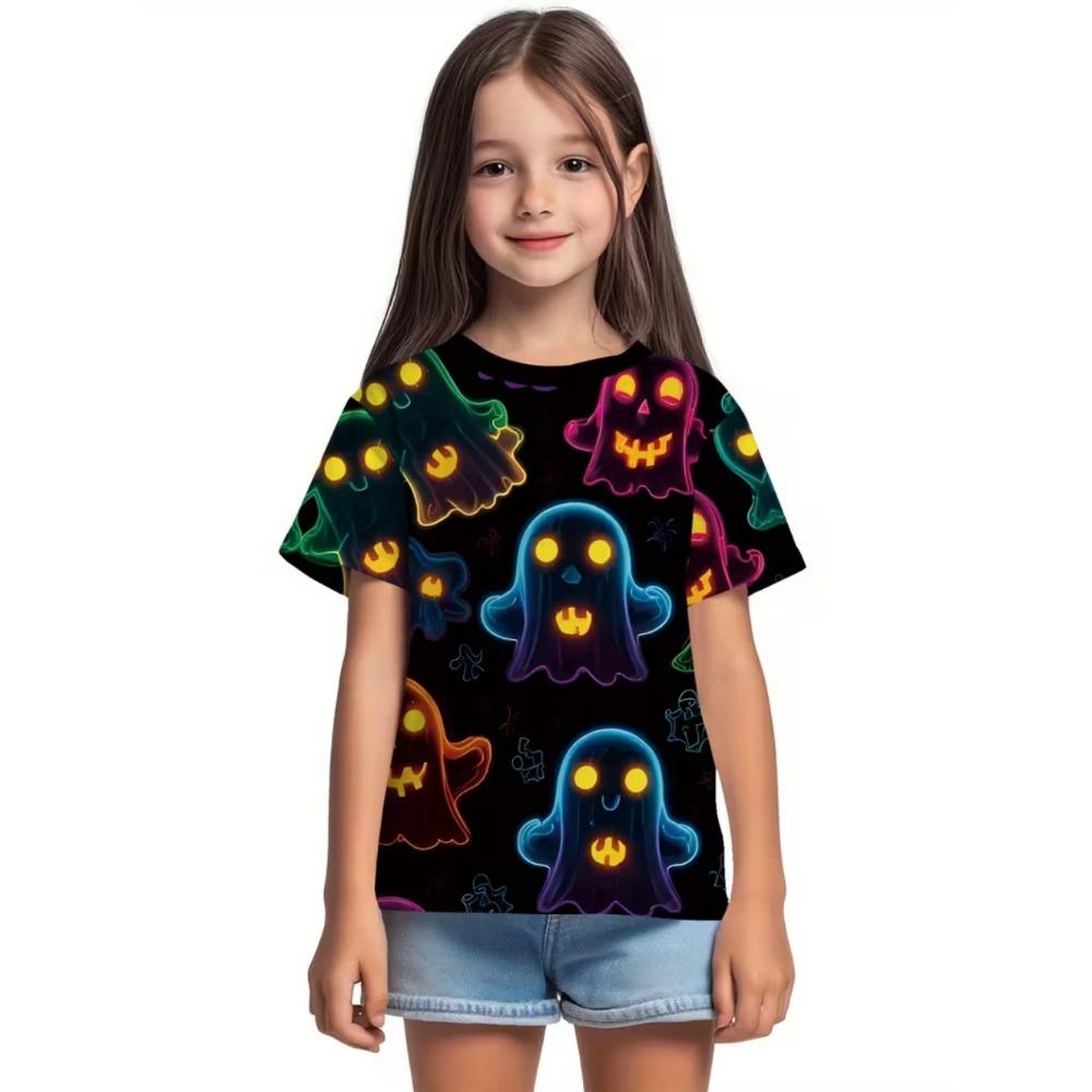 Girl's T-shirt Halloween Cartoon Pumpkin Print Round Neck Short Sleeved Top Fashionable Girl's Clothing Holiday Children's Clothing