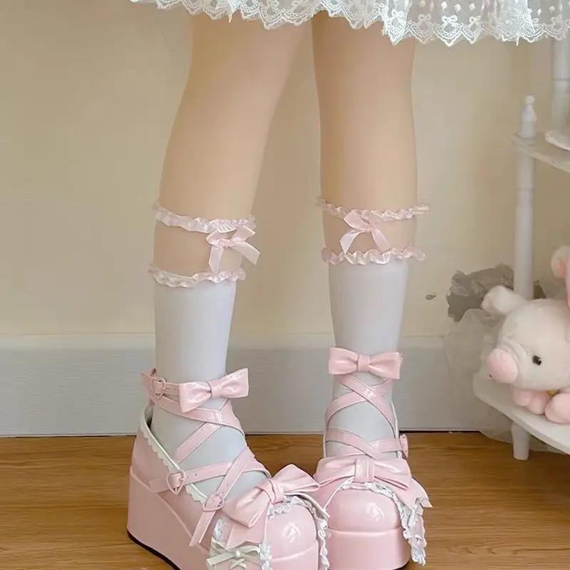 Lovely Girls Lolita Cute Bowknot Platform Shoes Sweet Rabbit Ears Monk Straps Flat Elevator Shoes Mary Janes