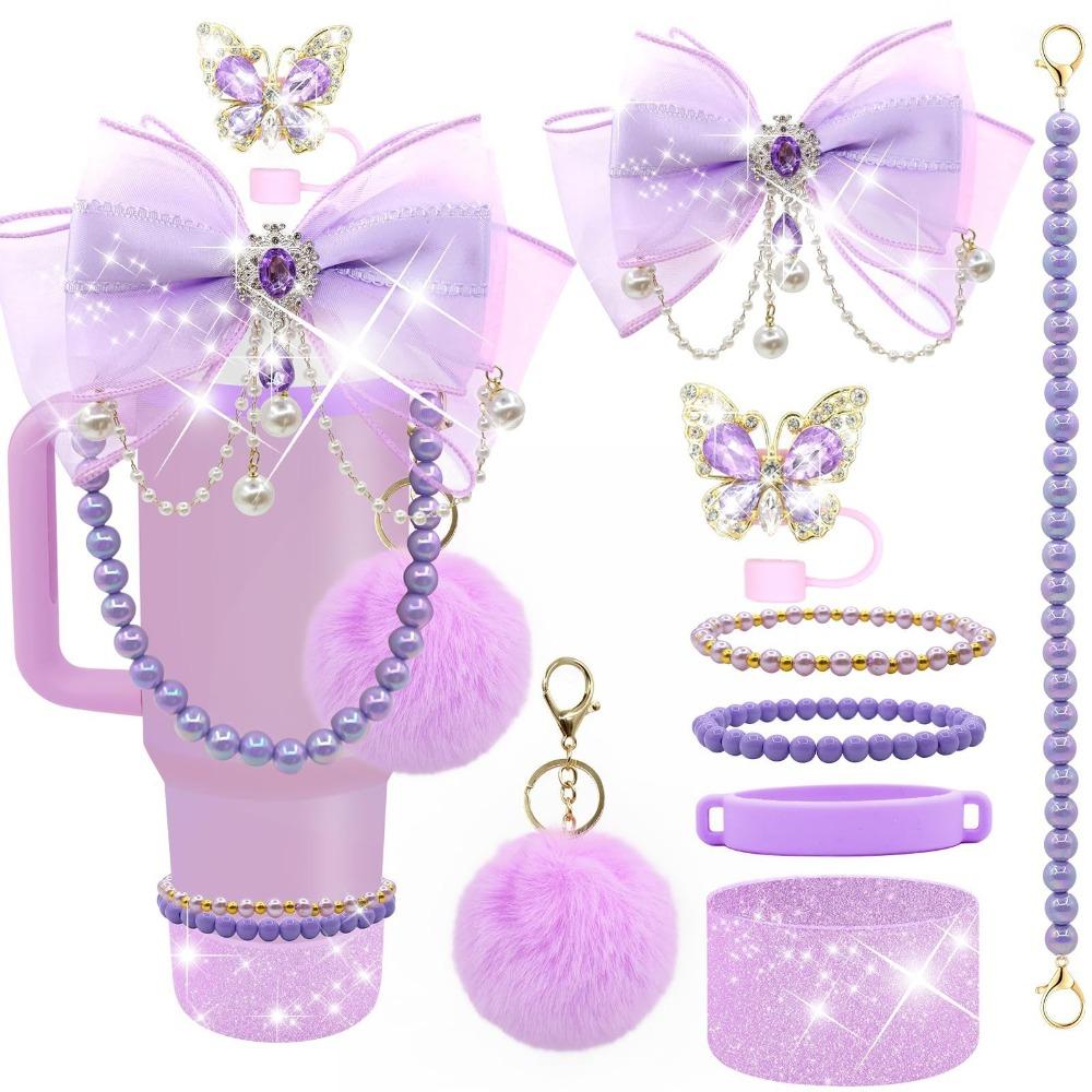 8/9Pcs Pink Tumbler Cup Accessories Silicone Straw Cover Pearl Charm for Cup Decoration Bow Tie Cover