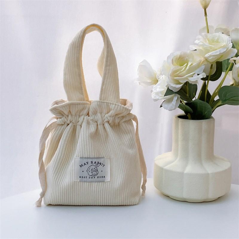 

Vintage Women s Corduroy Handbag Casual Drawstring Pocket Solid Color Wallet Storage Bag Makeup Bag бежевый