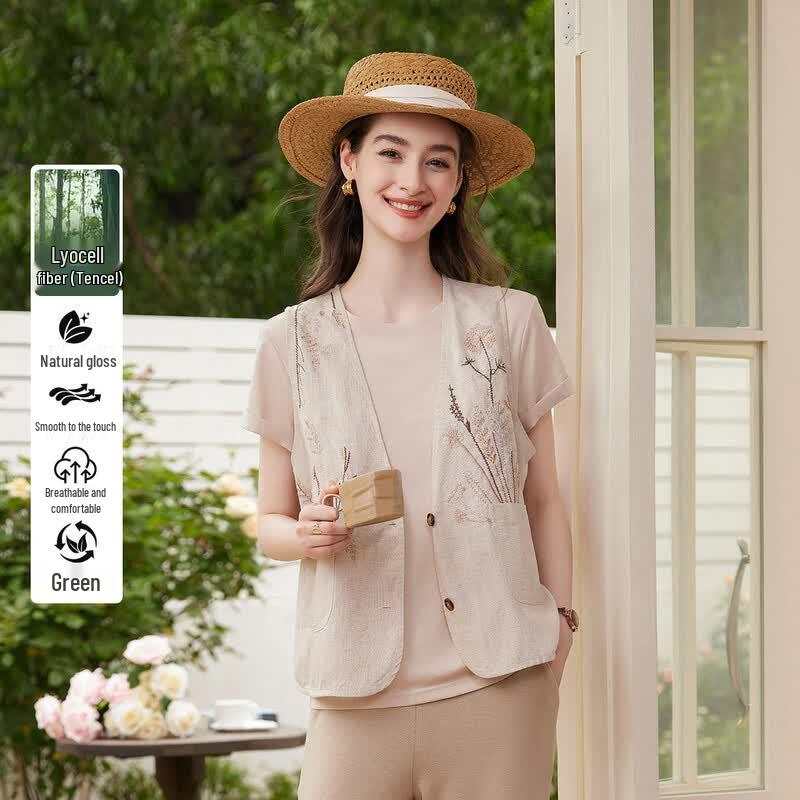 Bailuyu Retro Embroidered Tencel Linen Vest S