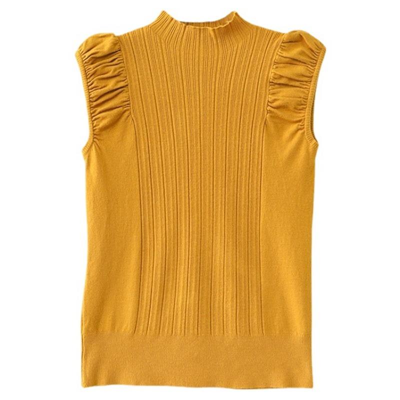 Summer New Simple Solid Color Semi-turtleneck Pleated Pullover Sweater Women Wear Sleeveless Vest Top