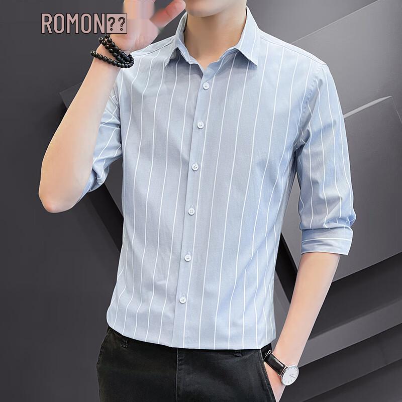 

ROMON Men s 3/4 Sleeve Striped Wrinkle-Free Business Casual Shirt L