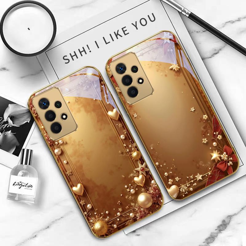 Golden ribbon and bow For Samsung A 01 52S A04 A05S A10 A12 13 22 23 24 36 42 M02 Note 10 20Ultra 8 9 Golden glass phone case