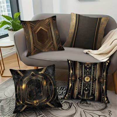 Black and Gold Luxury Geometric Pattern Print Decorative Polyester Cushion Cover Home Decor Pillowcase with Zipper