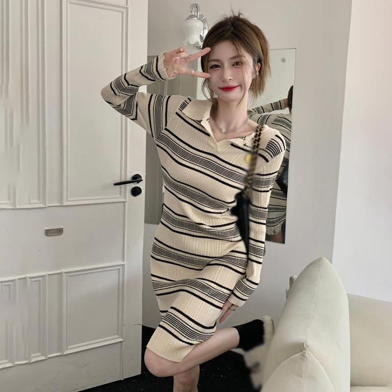 

Вязаные платья в полоску, осенние женские пуловеры, свитера, платье-футляр-карандаш, мягкий теплый низ, вязаные платья, платья One Size