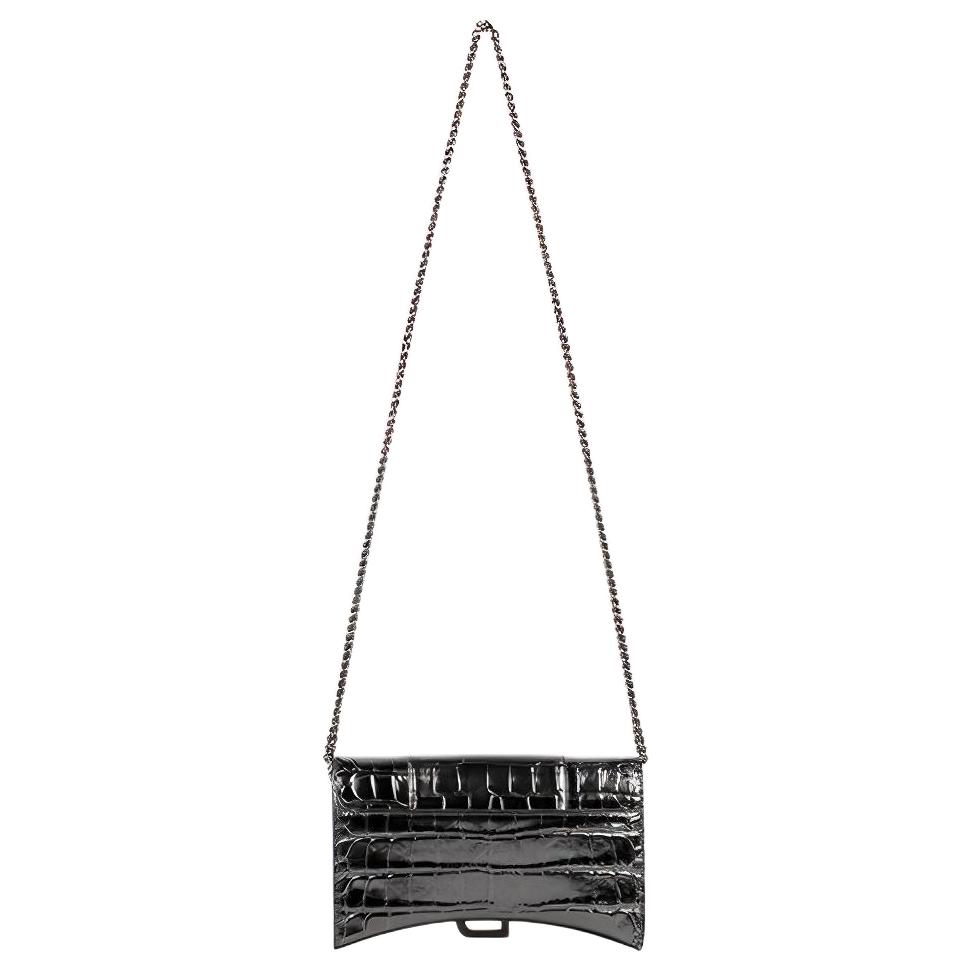 Balenciaga Hourglass Black Buckle Chain Crocodile Embossed Calfskin Mini Shoulder Crossbody Bag Women Bags 656050-1LR67-1000