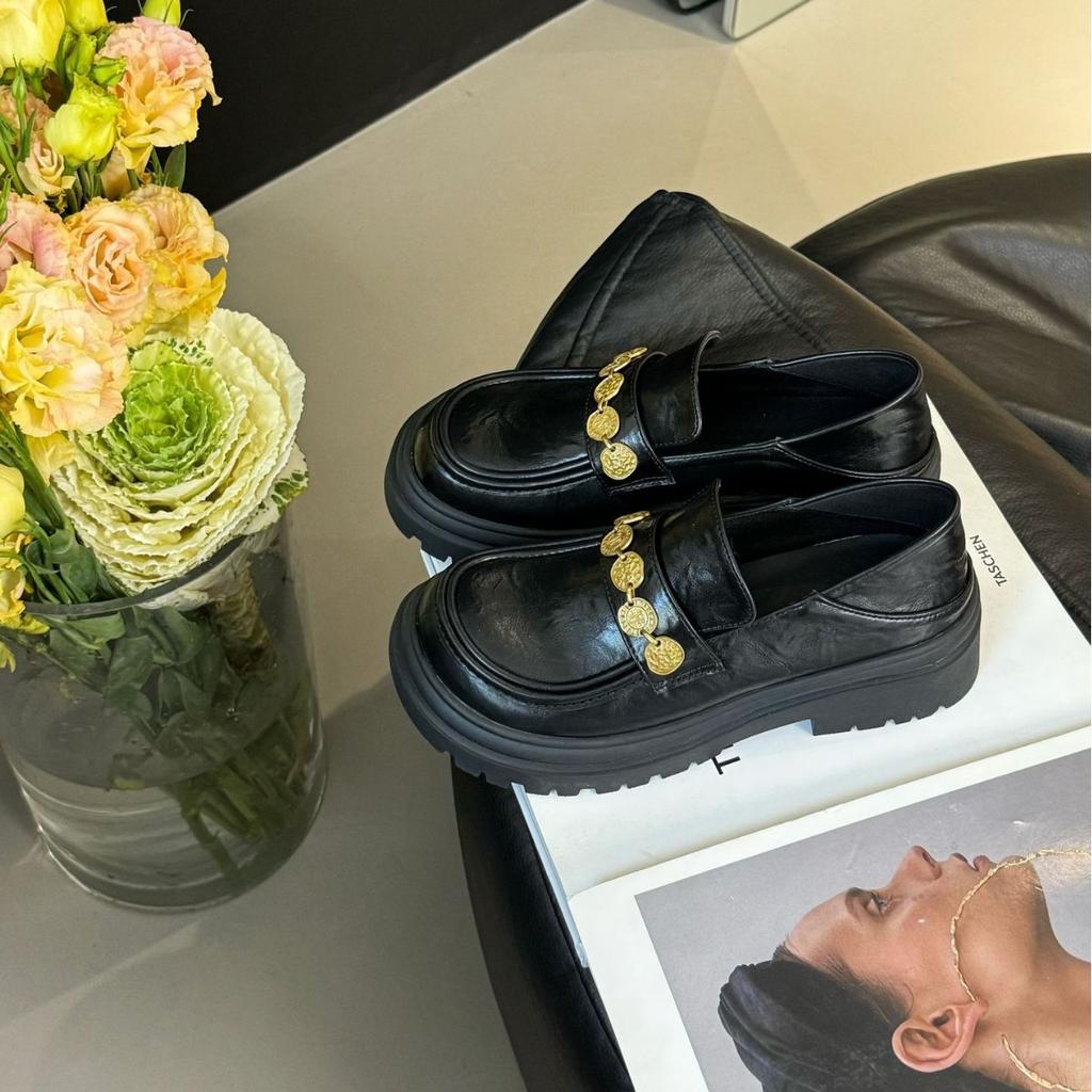 Spring new loafers women's small gold coins with retro British style small leather shoes women's versatile women's shoes