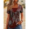 Elegant Square Neck Women's Short Sleeve T-Shirt Ethnic Leopard Print False Two-Piece Top Fashion Streetwear