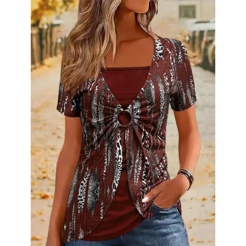 Elegant Square Neck Women's Short Sleeve T-Shirt Ethnic Leopard Print False Two-Piece Top Fashion Streetwear