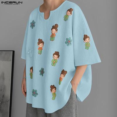 S-5XL Summer Men Casual Loose Half Sleeve Print Tunic Tops Shirts