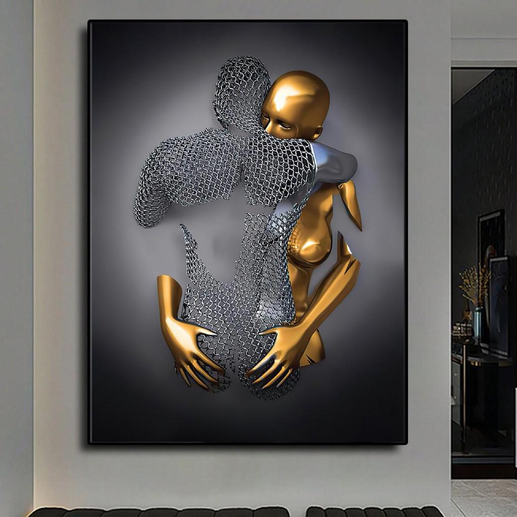 Black Gold Heart Statue Poster: Modern Art Canvas for Living Room Décor