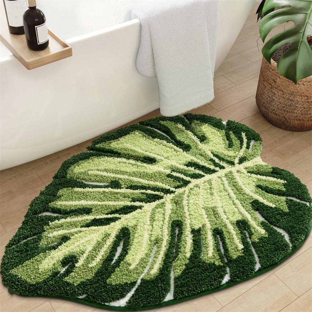 Soft and Plush Green Leaf Bathroom Rug with Non-Slip Backing - Luxurious and Absorbent Bath Mat for Home Décor