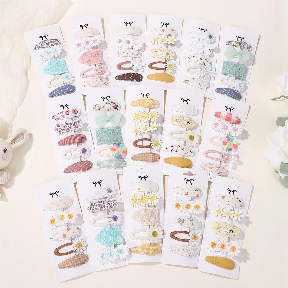 RAINBOW BOWS 5Pcs/Set Girls Boutique Headwear Hair Clip Embroidered Printing Barrette Fresh Daisy Hairpin Kids Hair Accessories