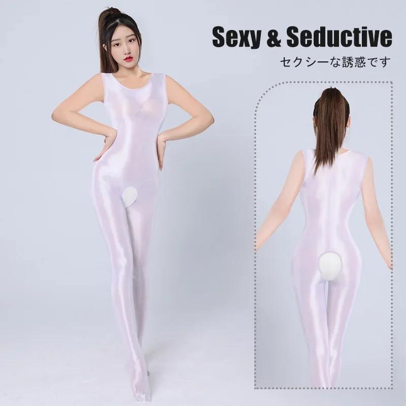 Sexy Shiny Glossy Backless Bodysuit Women'S Crotchless Sleeveless Jumpsuit Satin Smooth Tights One Piece Leotard Catsuit Ootd