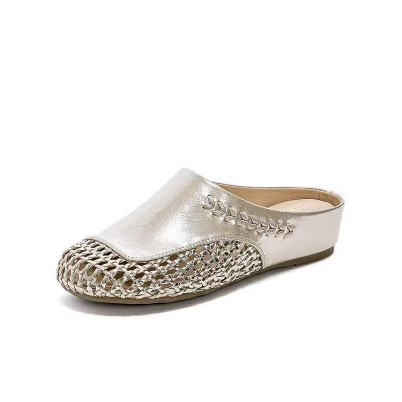 Holiday Wind Fishing Net Weaving Hollow Breathable Inner Height-increasing Shoes Medium Heel Leather Bag Head Outer Slippers Women