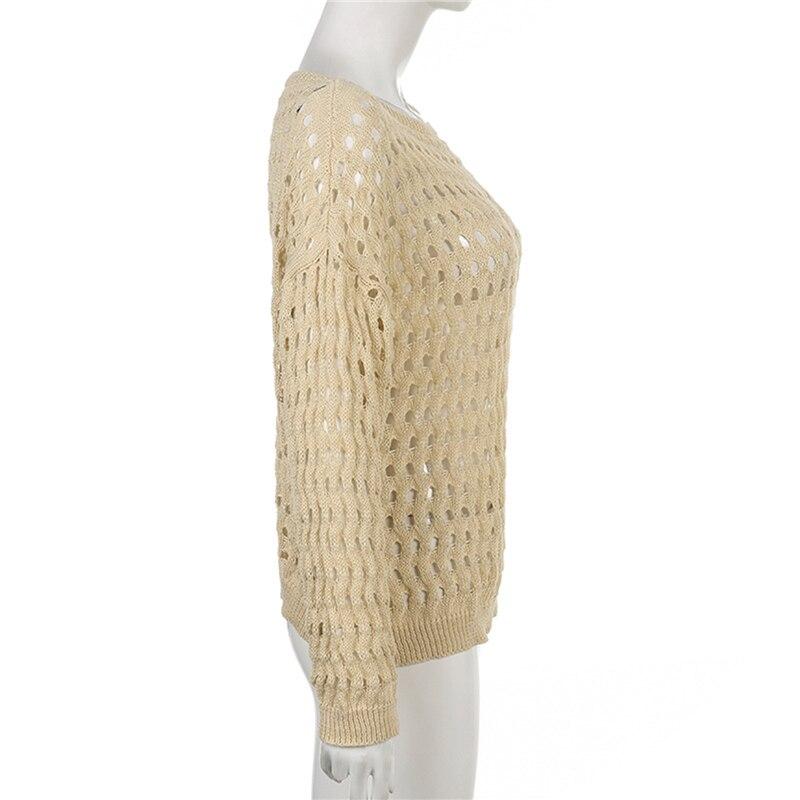 Women's T-Shirts Y2k Vintage Knitted Beach Cover-Ups Hollow-Out Solid Color Long Sleeve O Neck See-through Oversized