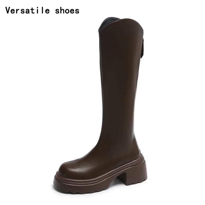 Vintage Women Knee High Boots Fashion Back Zippers Shoes Square High Heel Autumn Winter Ladies Knight Long Booties