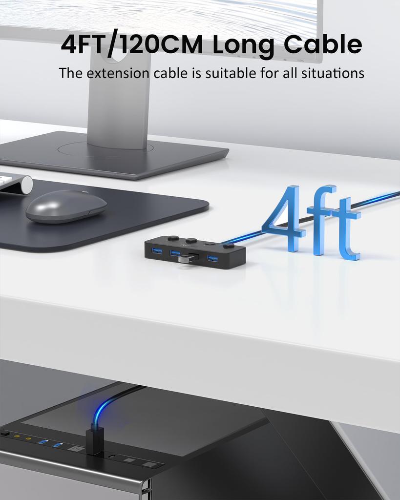 Aceele Hub USB 5 Portów USB USB Ultra Slim Hub Port Zasilania z Niezależnym Włącznikiem Typ Wkładany od Góry Lampka Kontrolna Kabel Przedłużający 5Gbps Ultra