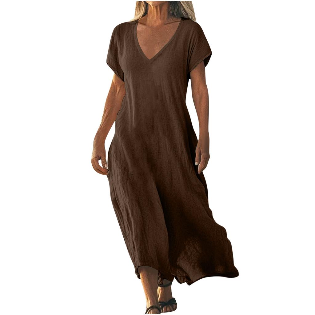 QICED Fashion Summer Spring Solid Color Print Short Sleeve V-Neck Casual Dresses