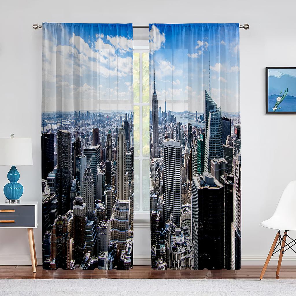Stadtbild New York Nacht Skyline Landschaft Ansicht Chiffon Transparente Vorhänge für Wohnzimmer Schlafzimmer Dekor Fenster Voiles Tüll Vorhang