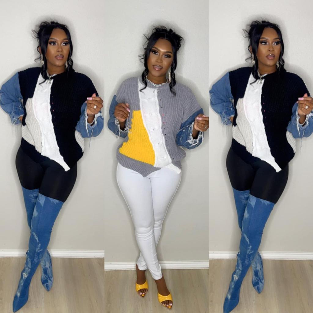 Jerséis de Punto Mohair de Manga Larga con Cuello Redondo y Parche de Mezclilla Deshilachada para Mujer, Suéteres Holgados Femeninos, Tops, Ropa de Mujer, Moda