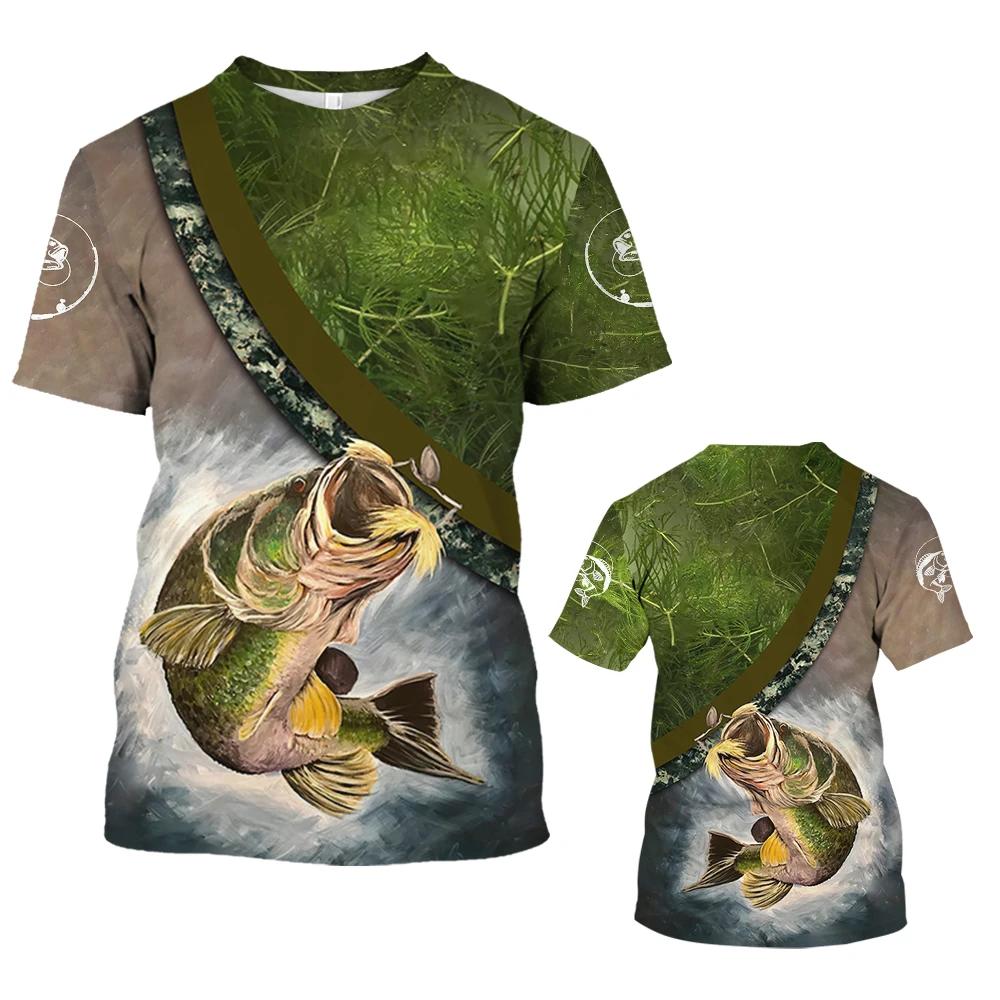 Bass Fishing Pattern 3D Print Men's Fashion Comfy Breathable T-Shirt, New Casual Round Neck Short Sleeve Tee For Spring Summer Men's Clothing