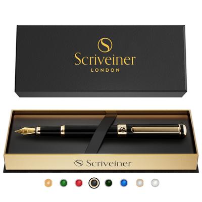Scriveiner Premium Fountain Pen with a 24K Gold Finish and Schmidt 18K Nib A Sophisticated Fountain Pen Gift Set for Men and Perfect for and the Black
