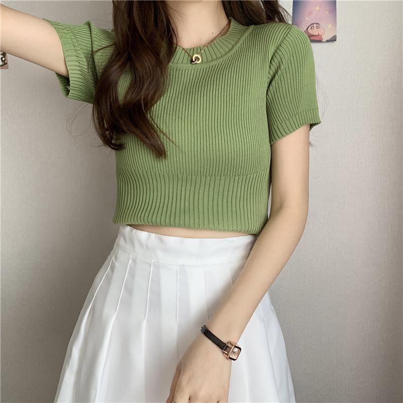 

Круглый вырез горловины с короткими рукавами вязаный свитер тонкий тонкий короткий абзац топы женские повседневные летние базовые удобные и стильные облегающие пуловеры футболки One Size зелёный